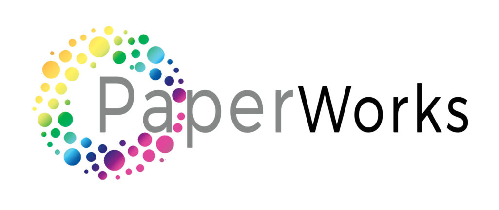 paperworks logo with the two words and around the Pa shows a circle of bubbles in rainbow colours